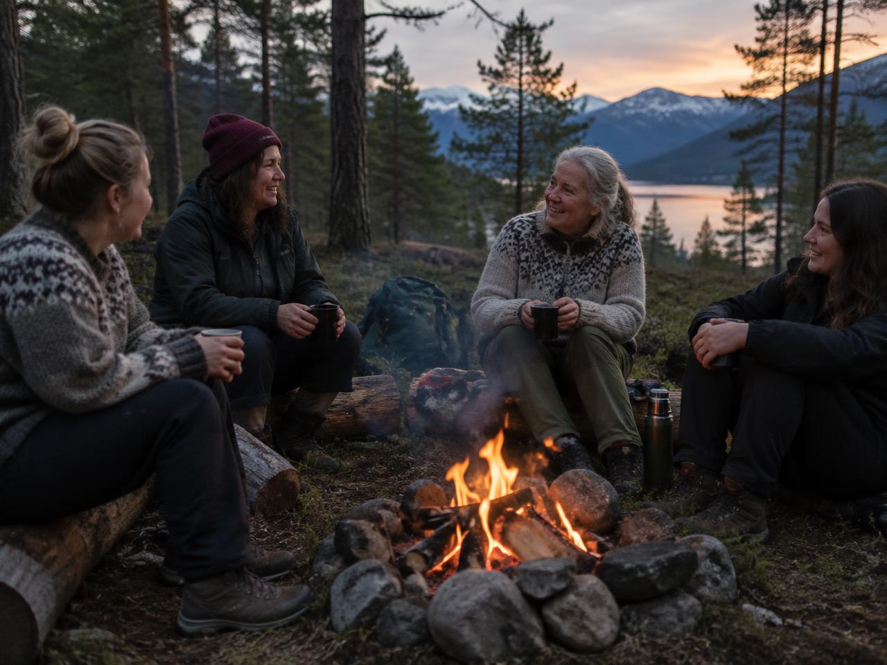 Illustrasjonsbilde: kvinner i ulike aldre sitter rundt et bål i skogen